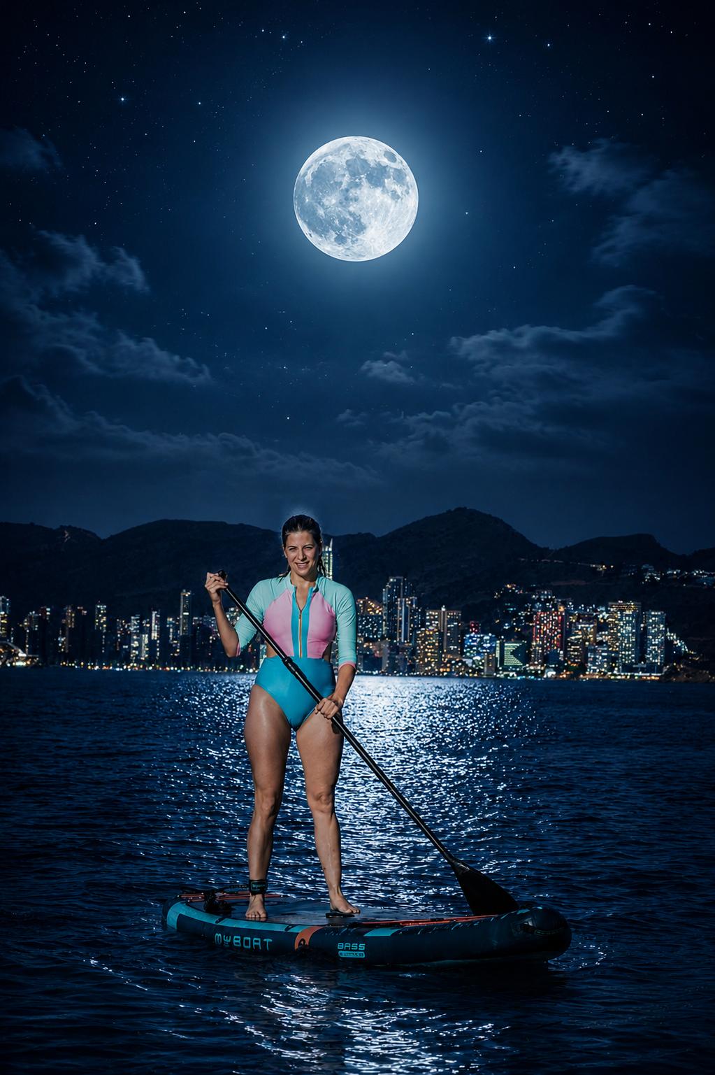 Paddle surf nocturno bajo la luna llena